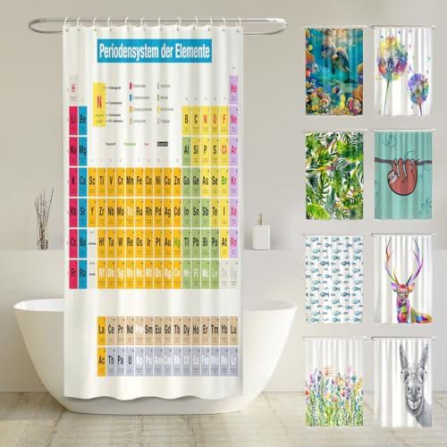 arteneur® - Duschvorhang Periodensystem Deutsch - Anti-Schimmel Duschvorhänge 120x200 - Recycelt mit Öko-Tex Standard 100 - Beschwerter Saum, Wasserdicht, Waschbar, 8 Ringe & E-Book