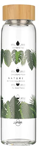 Gulujoy Glass Water Bottle 1 Litre with Bamboo Lid, Motivational Drinking Water Bottle with Time Markings Neoprene Sleeve Wide Mouth Bpa Free