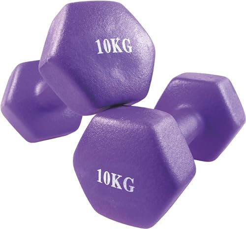 Bestfor Pair of 10kg Hex Anti Roll Non Slip Neoprene Dumbbell Weights For Exercise, Fitness, Workouts, Lifting with Exercise Chart