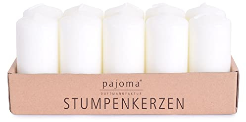 pajoma® Stumpenkerzen Elfenbein - 10 Stück | Ø 4 x 9 cm | Brenndauer: ca. 9 Stunden | Hochwertiges Paraffin & Baumwolldocht | ideal für Gastronomie, Hotels, Kirchen & Feierlichkeiten