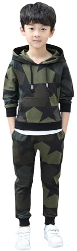 SXSHUN Tuta da Jogging per Bambini 2 Pezzi Tuta Sportiva Mimetica Giacca Sportiva con Cappuccio e Pantaloni, Verde, 120