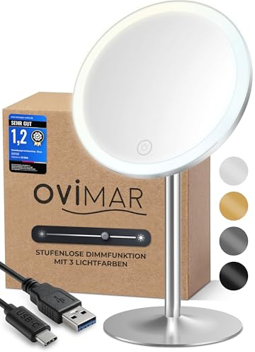 ovimar Kosmetikspiegel Bogo Silber | mit Beleuchtung | wiederaufladbar | freistehend | im Badezimmer | 5fach Vergrößerungsspiegel | Schminkspiegel mit Licht | 360 Grad Spiegel