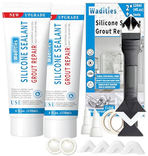 8Oz Sellador de silicona impermeable transparente, Wadities Juego de reparación de lechada de azulejos con raspador para remover lechada, para baño, ducha, cocina, piso (4Oz, Paquete de 2)