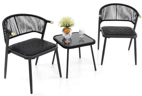 COSTWAY Rattan Gartenmöbel Set, Balkonset mit 2 Stühlen und Tisch, Balkonmöbel mit schnell trocknender Schaumstoffpolsterung, Rattanmöbel für kleinen Balkon, Terrassenmöbel, Sitzgruppe für Garten