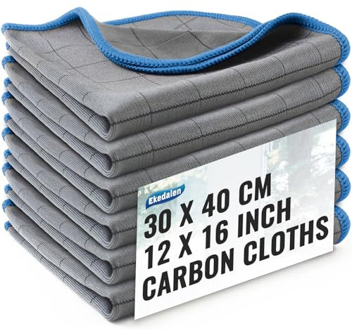 Ekedalen 6X Fensterputztücher Carbon Tücher, Reinigungstücher für Kristallklare & Streifenfreie Scheiben, Mikrofaser Putztücher, Fusselfreies Poliertuch, 40x30 cm Glastücher, Blau