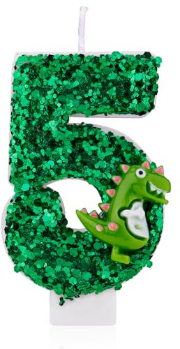 Dinosaurier-Geburtstagskerze, Grüne Pailletten Geburtstagskerze Zahlenkerze 3D-Dinosaurier Kuchenkerze für Geburtstagsparty Dinosaurier Mottoparty Dekorationen (5)