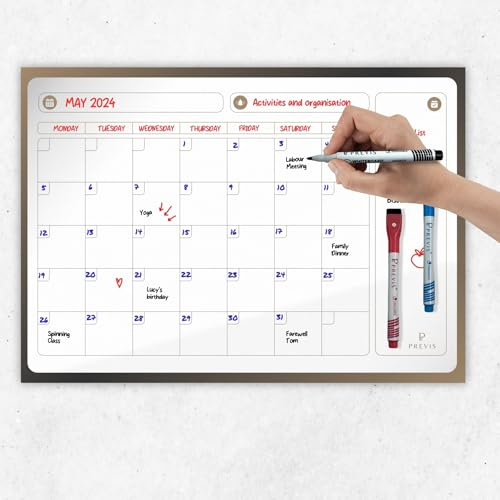 PREVIS Calendrier Mensuel Mural Effacable A3 40X30CM avec 3 feutres - Tableau organisateur mural Planning Mensuel - Planificateur Calendrier Mural 2026 Grand Format Familial