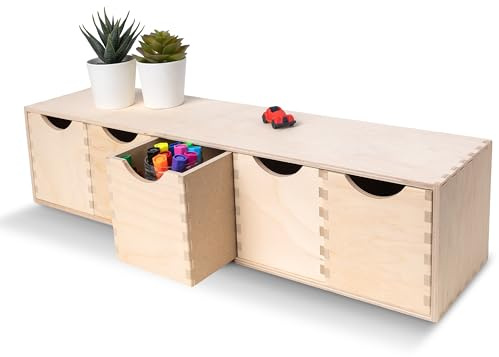 Creative Deco Schubladenbox Schubladenelement | 5 Schubladen | 57 x 13 x 13 cm (+/- 1 cm) | Mini-Kommode für Kleinigkeiten aus Birkensperrholz | Ordnungssystem für Lagerung, Decoupage & Dekoration