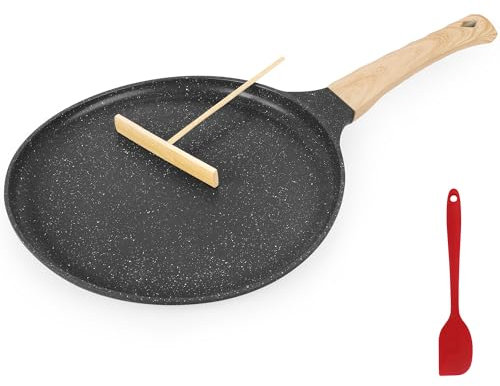 AUROAY Crepe Pan Non Stick, 26cm Dosa Pancake Pan Aluminium Flat Skillet Griddle with Stay-Cool Handle for Gas Stove and Induction Hob, PFOA Free