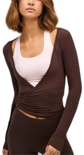 Frauen Y2k Ballett Wrap Top Langarm Tiefer V-Ausschnitt Slim Fit Yoga Pilates Ballet Workout Tops Frühling Kleidung (A-Coffee, M)