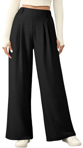 EVALESS Black Pants for Women Wide Leg Linen Texture Business Work Casual Palazzo Trousers High Waisted Baggy Flowy Dress Pants Summer Trendy Comfy Office Slacks with Pockets Medium