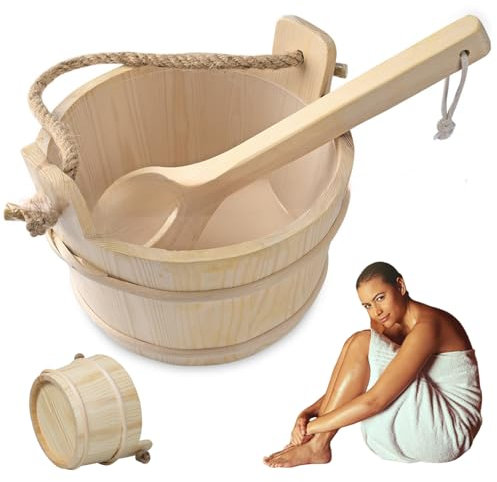 Sauna Bucket and Ladle Set 4L Wood Sauna Kit with Thick Handle Plastic-Liner Preservative Reinforced Barrel for Bathroom Personal Tools