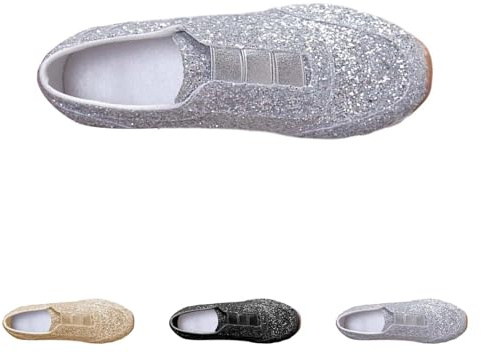 Womens Glitter Slip On Trainers Sequin Shoes For Women Breathable Lightweight Sneakers Sparkly Metallic Sport Pumps For Party Casual Plat Bottom Walking Trainers Tennis Shoes For Women Uk