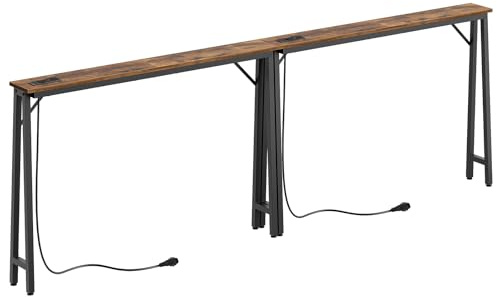 YATINEY 15 cm breite Konsolentische, 2er Set, Lange schmale Flurtische, Eingangstische hinter dem Sofa, mit Ladestation, Metallgestell, für Eingangsbereich, Flur, Vintagebraun-Schwarz XCT05L2CBR