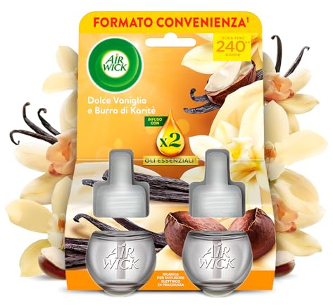 Air Wick Diffusore Elettrico di Oli Essenziali, 2 Ricariche per Diffusore Elettrico alla Fragranza Dolce Vaniglia e Burro di Karitè, Profumatore per Ambienti Elettrico con Oli Essenziali
