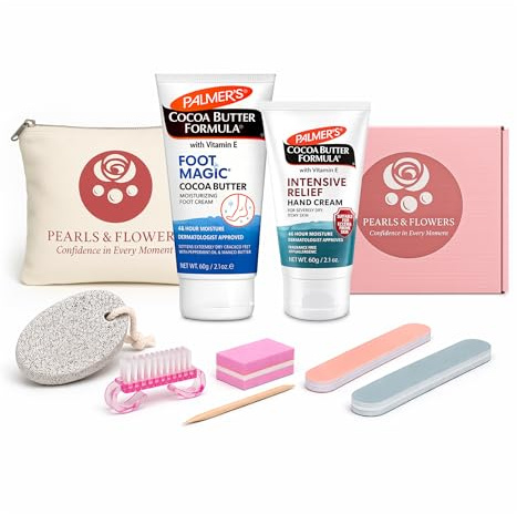 Hand & Foot Care Set – Palmer’s Intensive Relief Hand Cream 60 ml & Foot Magic 60 ml + Nail Care Kit, Pearls & Flowers Pouch & Pumice Stone | Cracked Heel & Dry Hand Repair Kit | Gift Ready Set
