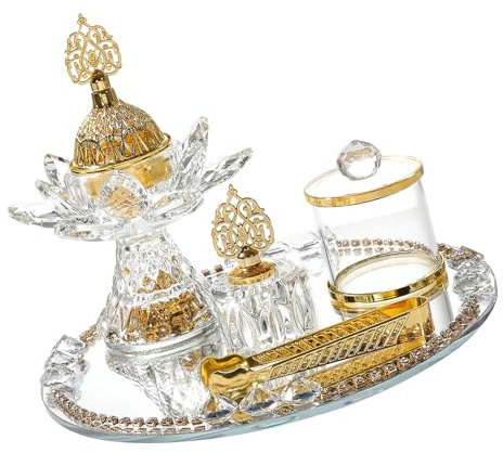 Juego de quemadores de incienso de cristal dorado, diseño en forma de flor con tarro, pinzas de almacenamiento, juego de charola y accesorios para el hogar, estilo árabe, estilo del Medio Oriente