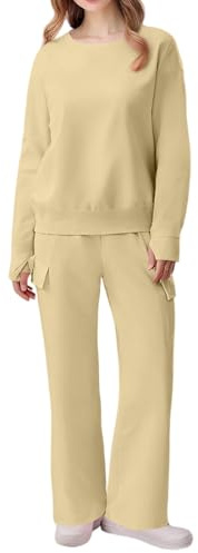 SCBFDI Abbigliamento Donna Curvy Invernale Completo Donna Elegante Outfit da Aeroporto Comodi Tuta Sportiva Completa Apicoltore Passeggio Pantaloni A Palazzo Set Relax Giardino Beige L