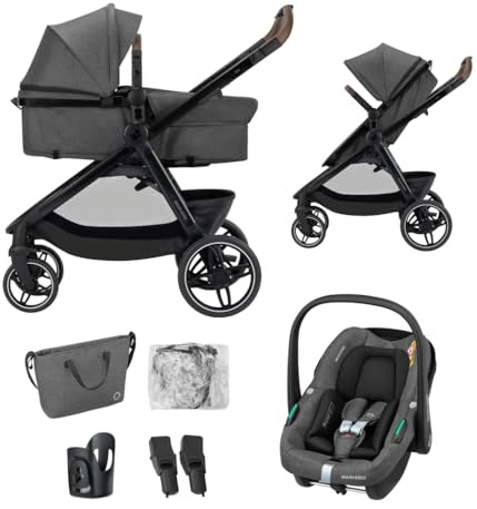 Maxi-Cosi Zelia S Trio2 Cochecito Bebé 3 Piezas, 0-4 Años, hasta 22 kg, Plegable, Compacto y Reclinable Silla de Paseo, con CabrioFix S i-Size Silla Coche Bebé, Accesorios, Gris Oscuro