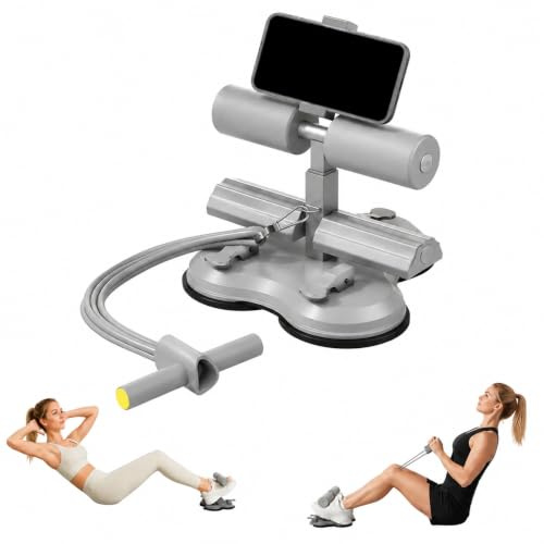 Adjustable Sit Up Bar Floor with Foot Holder, Portable Sit Up Bar, Abs Workout Equipment with Self-Suction 3 Drie Suction Cup, Sit-Ups Assistant Device with Mobile Phone Holder for Home Gym (Gray)