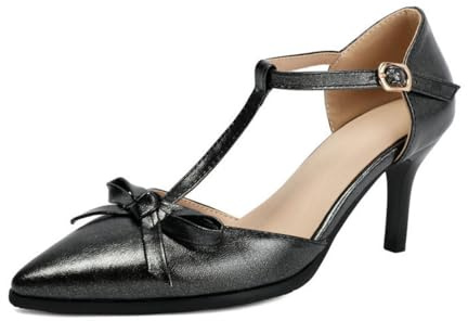 Generico Donna Decoro Fiocco T-Strap Scarpe Tacco Basso Punta A Punta Fibbia Caviglia Regolabile Finitura Metallica Abito Pumps PU Pelle Superiore Sandali,Nero,43 EU