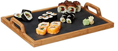 Relaxdays Plateau de service repas en bambou avec planche ardoise amovible 2 poignées cuisine HxlxP: 6 x 40,5 x 32 cm, nature