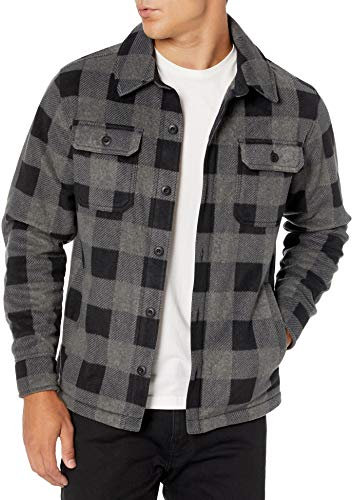 Amazon Essentials Chaqueta Tipo Camisa de Forro Polar de Manga Larga para Invierno Hombre, Negro Color Carbón Cuadros de Vichy Grandes, L