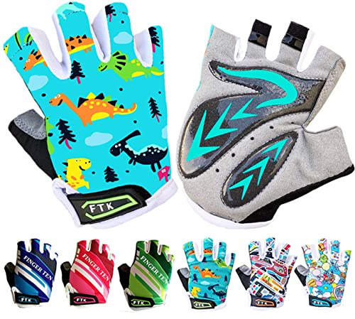 FINGER TEN Kids Cycling Gloves Half Finger Gel Padded (Green, Medium)