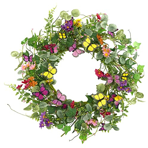 20 Artificial Spring Summer Wreath with Fake Butterflies,Eucalyptus Leaves,Daisy,Dry Vine Branches,Fern Leaves for Front Door Indoor Outdoor Farmhouse Wall Holiday Decor, White Gift Box Included