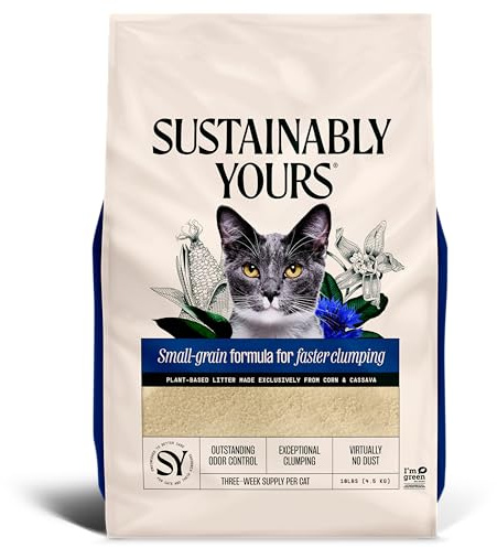 Sustainably Yours Natural Cat Litter, Small-Grain Formula, Exceptional Clumping & Odor Control, Virtually No Dust, Soft on Paws, Corn & Cassava Plant-Based, Unscented, 10 lbs