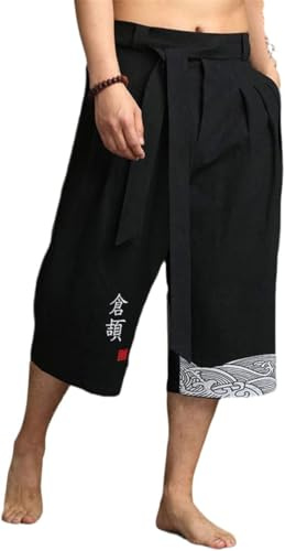 Bewellan Japanische Kimono-Traditionelle Hose für Herren, asiatische Kleidung, Badehose, lässig, locker, männlich, japanischer Stil, Leinen, kurze Hose, Schwarz, 4XL, Gewicht 9095 kg
