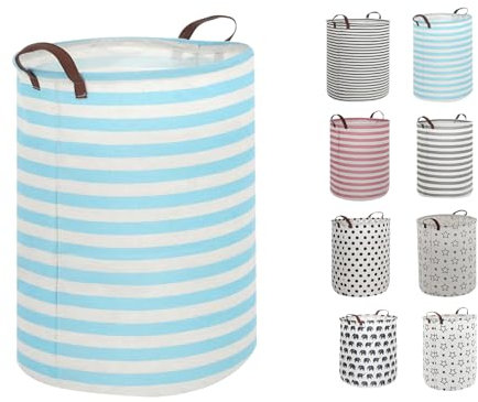 Highdi Cesto Ropa Sucia, 63L Cesta Ropa Sucia, Cubo Ropa Sucia con Piel Asas, Minimalista Cesta Ropa Plegable para Lavandería, Almacenaje Plegable para Dormitorio (40x50cm,Rayas Azules)