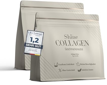 Shine Collagen Pulver 600g - 100% Collagen Peptide, Premium Hydrolysat Typ 1, 2 und 3, Halal, Perfekte Löslichkeit, Geschmacksneutral, 2er Pack (2 x 300g)