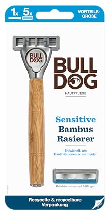 BULLDOG - Nassrasur für Männer | Sensitive Rasierer mit Bambusgriff | Rasierer + 4 Ersatzklingen | 5-fach Klinge