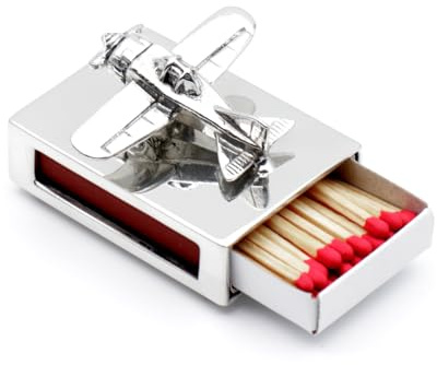 Brillibrum Caja de cerillas de estaño de diseño con figura decorativa de avión, caja de cerillas de metal con cerillas (avión, con grabado)
