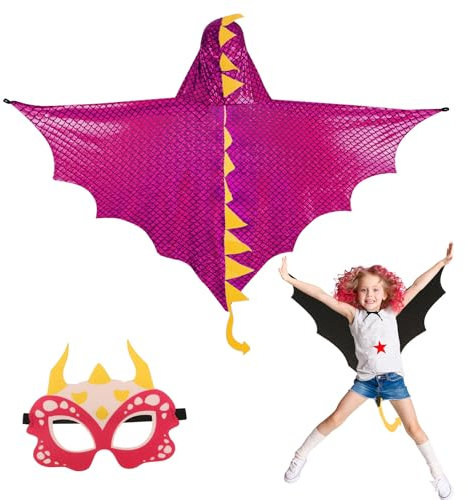 DKINY 80cm Cape Dinosaure Violette d'Enfant avec Masque Costume Ptérosaure Déguisement Carnaval pour Garçon Fille Cosplay Fête Halloween Épiphanie Anniversaire Soirée