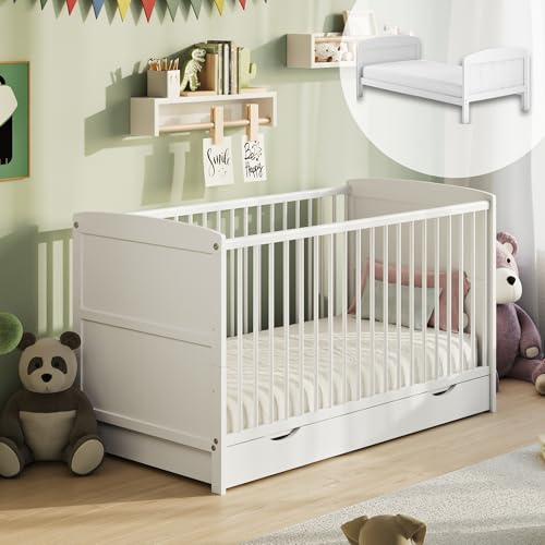 Kids Collective Lit bébé 60x120 avec tiroir, lit à barreaux, lit enfant, hauteur réglable et barreaux amovibles, autres tailles 70x140 cm | 60x120 cm de la naissance jusqu'à 3 ans, Blanc