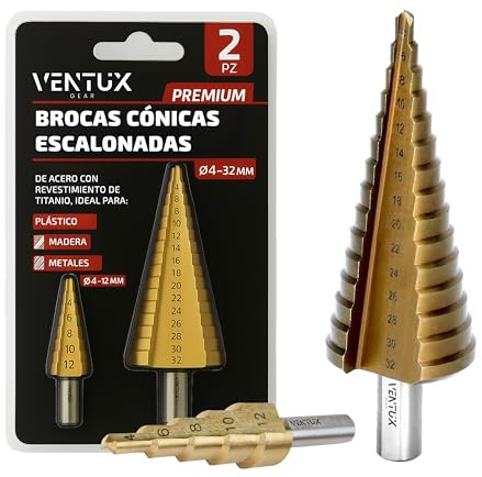 Juego de 2 Brocas Cónicas Escalonadas de Ø4-32mm y Ø4-12mm en Acero HSS4241 con Revestimiento de Titanio – Taladro para Madera, Plástico y Metal - Dureza HRC61-63