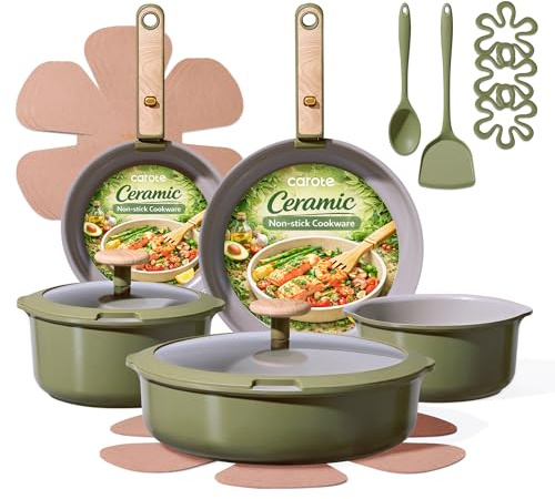 CAROTE 18 Pcs Ceramic Cookware Set Detachable Handle, Non Toxic Pots and Pans Set Non Stick, Induction Kitchen Cookware Removable Handles, Oven Safe, Stackable RV/Camping Cooking Set, Green