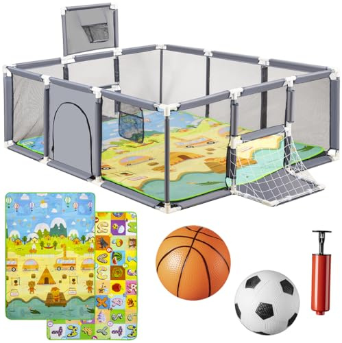 Altaudia Parque Infantil Bebe + Alfombra de Juego + Pelota de Futbol y Baloncesto - Corralito de Bebé Plegable 180 x 120 x 65cm - Parque de Juegos Bebé Con Malla Transpirable - Color Gris