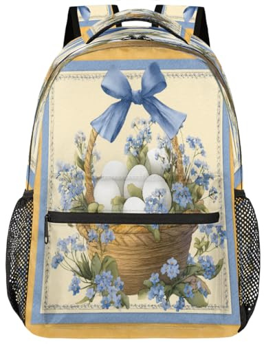 Påskägg i korgen, blå blomma ryggsäckar lätt ryggsäck anti-stöld resa ryggsäck för arbete män fritid 29 x 40 cm