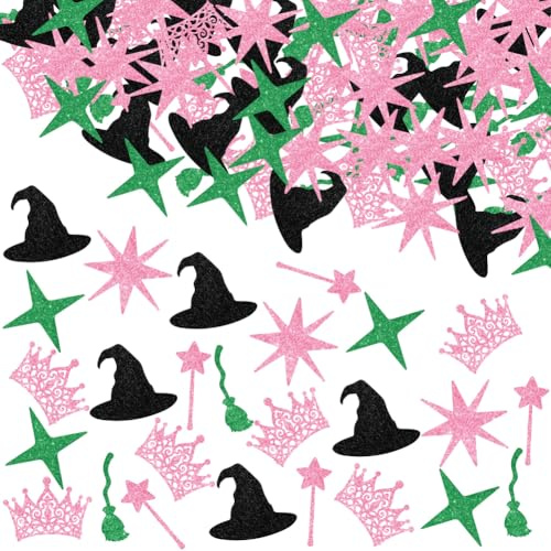 PRESSINART 300 Pezzi 6 Stili Strega Coriandoli per Decorazioni da Tavola Corona di Coriandoli Rosa e Verdi A Tema Streghe con Stelle Glitter e Carta Sparsa per Festa di Compleanno Trucco Viso