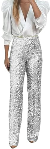 Pantalon Paillette Femme Taille Haute Large Patte d'Eléphant Scintillant Pantalon avec Taille Élastique Pantalons Brillant à Paillettes Métallique pour Soirée de Fête Disco et Festival (Silver, S)