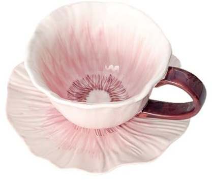 NatureMan 295 ml tekoppar och fat, keramisk blomformad cappuccinokopp, lattemugg och tefat, elegant koppset för kvinnor tebjudning, kan användas för mikrovågsugn och diskmaskin (lila)