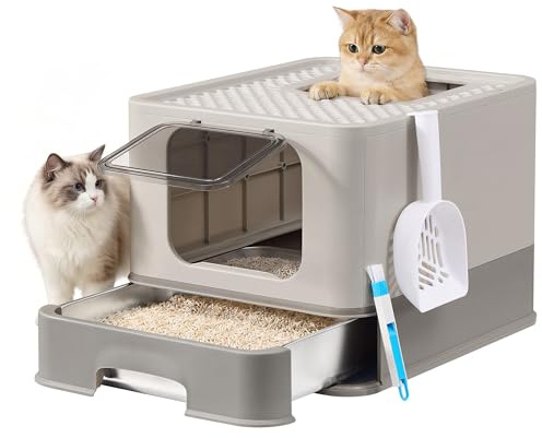 Feandrea Arenero para Gatos de Acero Inoxidable, Caja de Arena con Bandeja Extraíble, Pala, Cepillo, 2 Entradas, para Gatos de hasta 15 kg, Gris Claro y Gris Oscuro PPT004G101