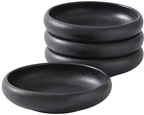 Uaral Japanese Salad Plate,Black Plates and Bowls Set,Stoneware Black Plate Set,Appetizer Plates Set of 4,5.5 inch,14 oz(Texture Matte)