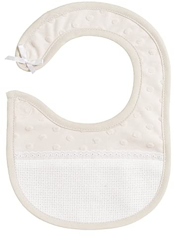 FILET - Lätzchen aus Weichem 3D-Tupfen-Stoff mit Aida-Tasche zum Besticken, Riemenverschluss, Ideal für Neugeborene, 100% Made in Italy, Beige und Weiß