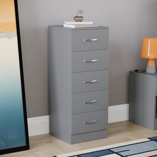 Vida Designs 5 Drawer Narrow Chest Tall Bedroom Storage Unit Sliding Drawers Bedroom Furniture (Grey)