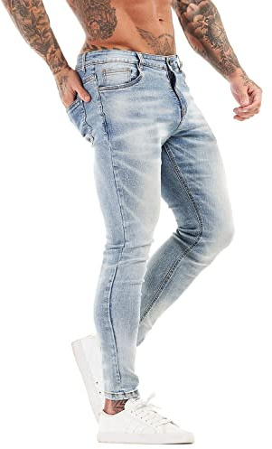 GINGTTO Skinny Jeans Men Stretch Slim Fit Tapered Leg Elastic Waist Blue 30