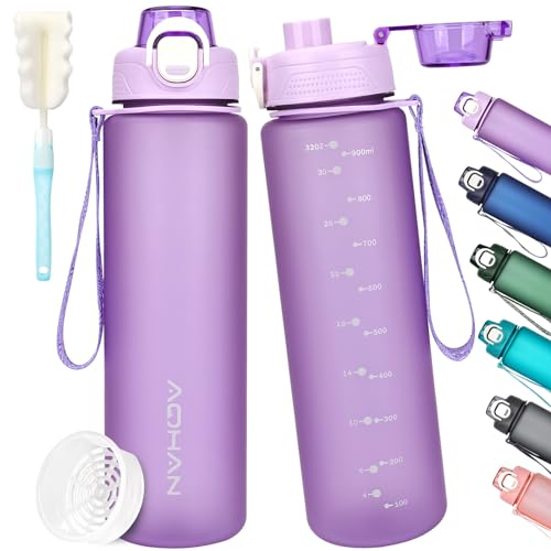 AOHAN Trinkflasche 1l, Wasserflasche BPA Frei, Sport Trinkflasche Auslaufsicher Motivierende Sportflasche Mit Filter für Fahrrad, Fitness, Wandern und Schule